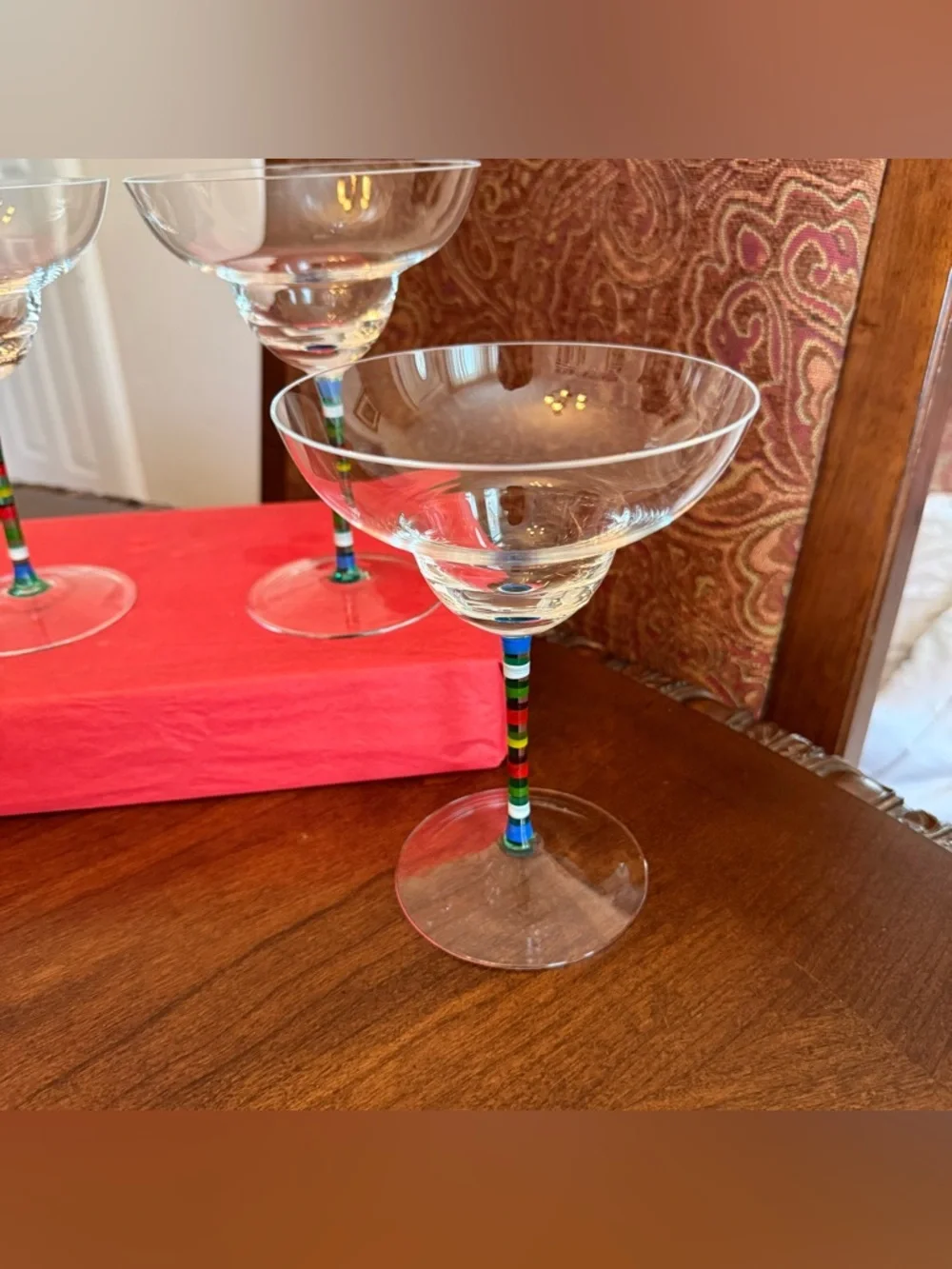 3 Crate & Barrel Caprice Margarita Glasses Multi-Color STRIPE STEM Hungary *READ